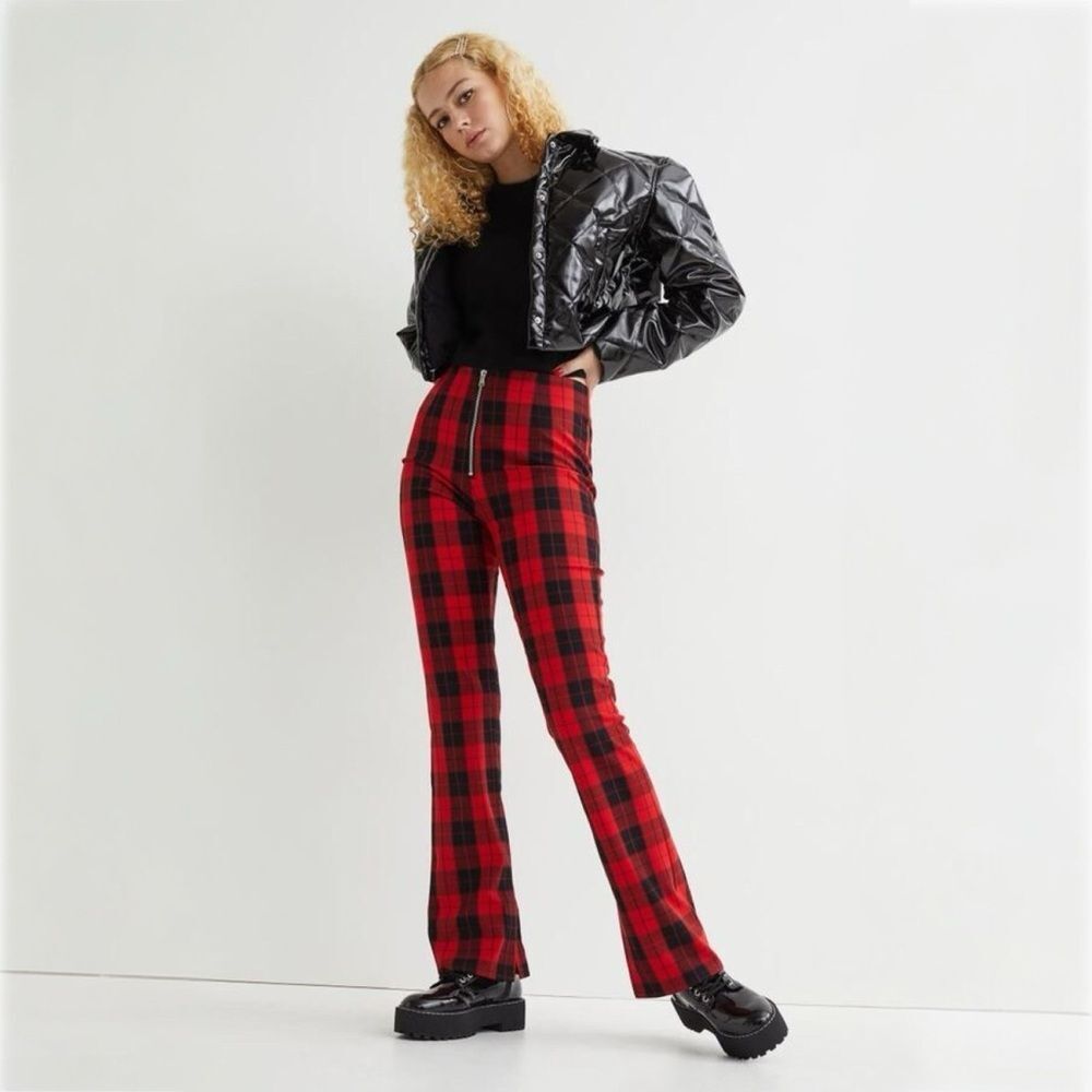 H&M Divided Red & Black Y2k Style Zip Front Plaid Flare Pants